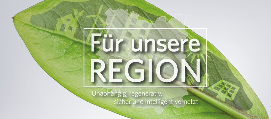 Slider mit dem Logo "Für unsere Region" - unabhängig, regenerativ, sicher und intelligent vernetzt.