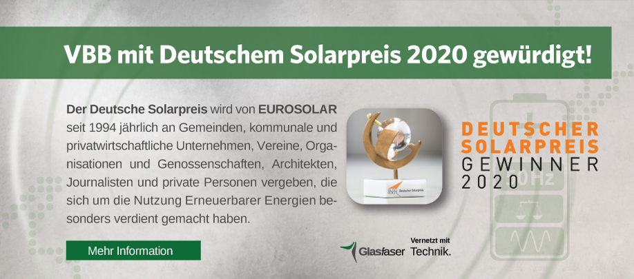 Slider zur Präsentation der Auszeichnung "Deutscher Solarpreis 2020" für die VBB.